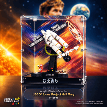 A clear acrylic display case containing a LEGO Icons Project Hall Mary model, shown on a black base against a dramatic space-themed backdrop. The case is branded with LEGO and Happy Brick Land, and a text overlay at the bottom provides product details.