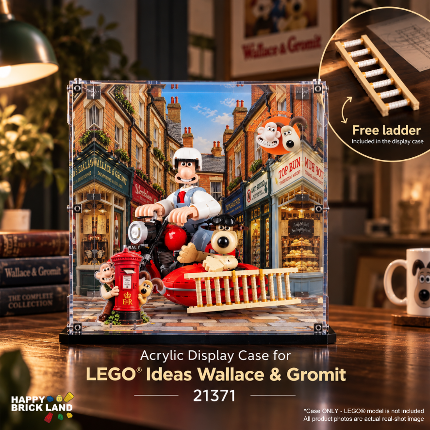 LEGO Ideas Wallace & Gromit acrylic display case set 21137, featuring a detailed retro street scene with Wallace on a red scooter, a red post box, and a small wooden ladder, shown on a wooden table with a circular inset showing the included ladder.