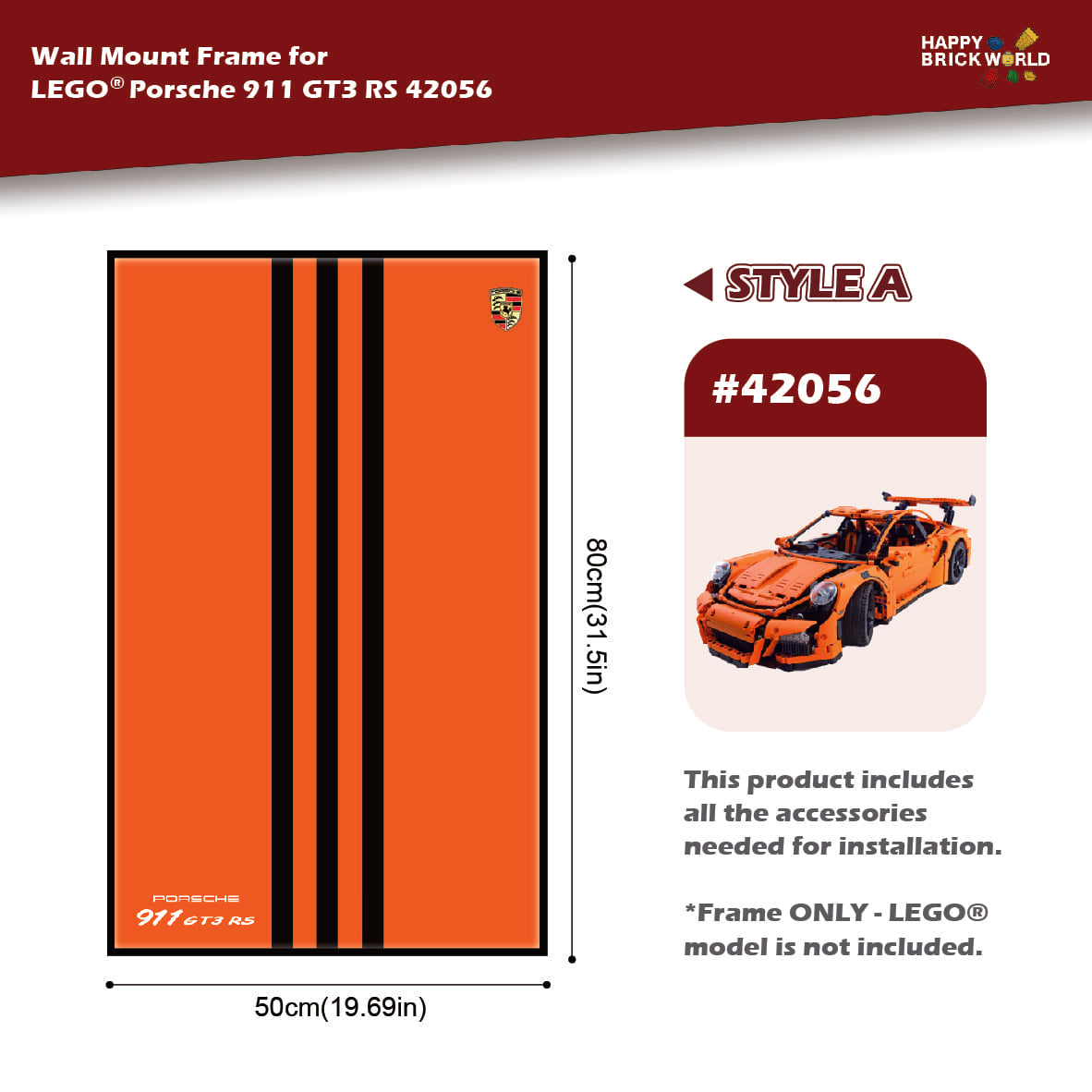 Wall mount frame for LEGO Porsche 911 GT3 RS 42056 with dimensions and Happy Brickworld branding.