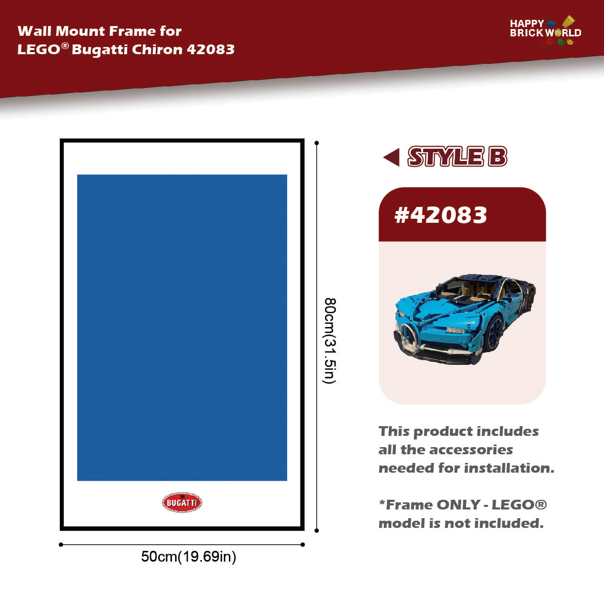 Wall mount frame for LEGO Bugatti Chiron 42083 with dimensions and Happy Brickworld branding.