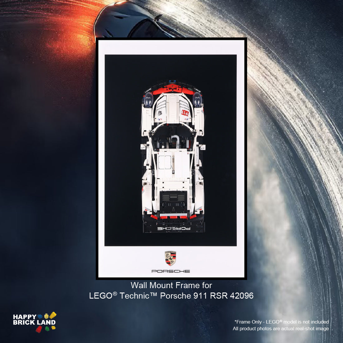 Wall mount frame for LEGO Technic Porsche 911 RSR 42096 on a dark background with vehicle model visible.