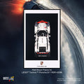 Wall mount frame for LEGO Technic Porsche 911 RSR 42096 on a dark background with vehicle model visible.