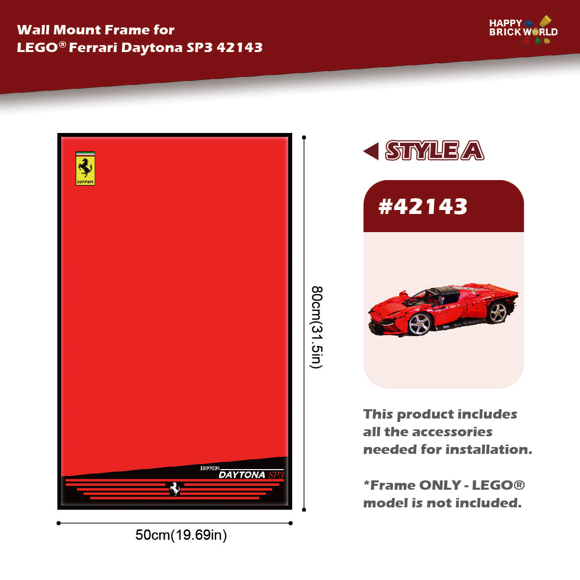 Wall mount frame for LEGO Ferrari Daytona SP3 42143 with dimensions and Happy Brickworld branding.