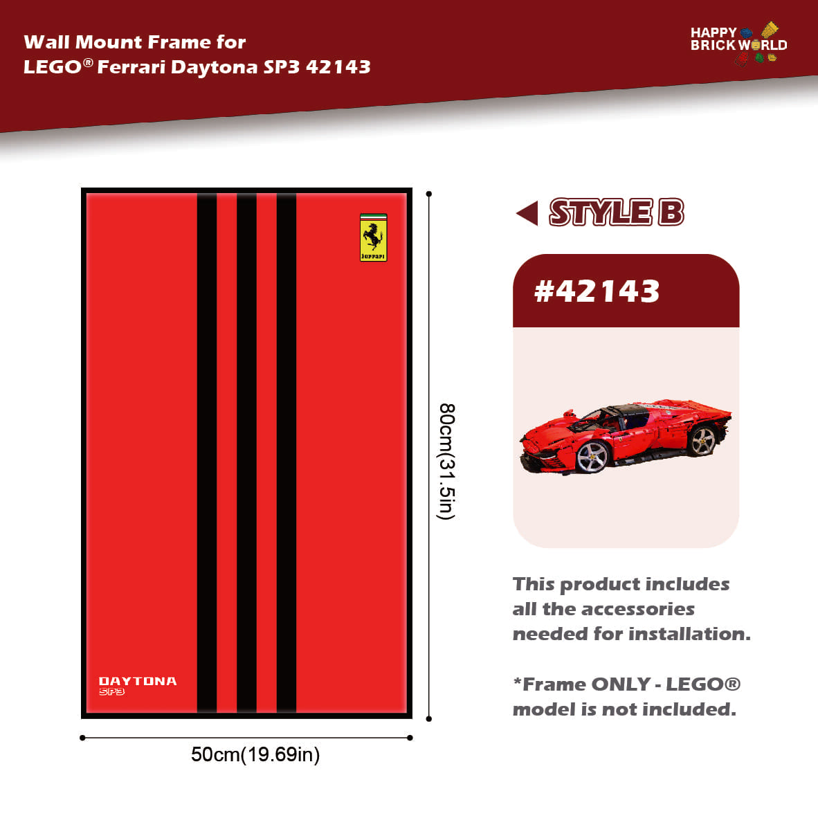 Wall mount frame for LEGO Ferrari Daytona SP3 42143 with dimensions and Happy Brickworld branding.
