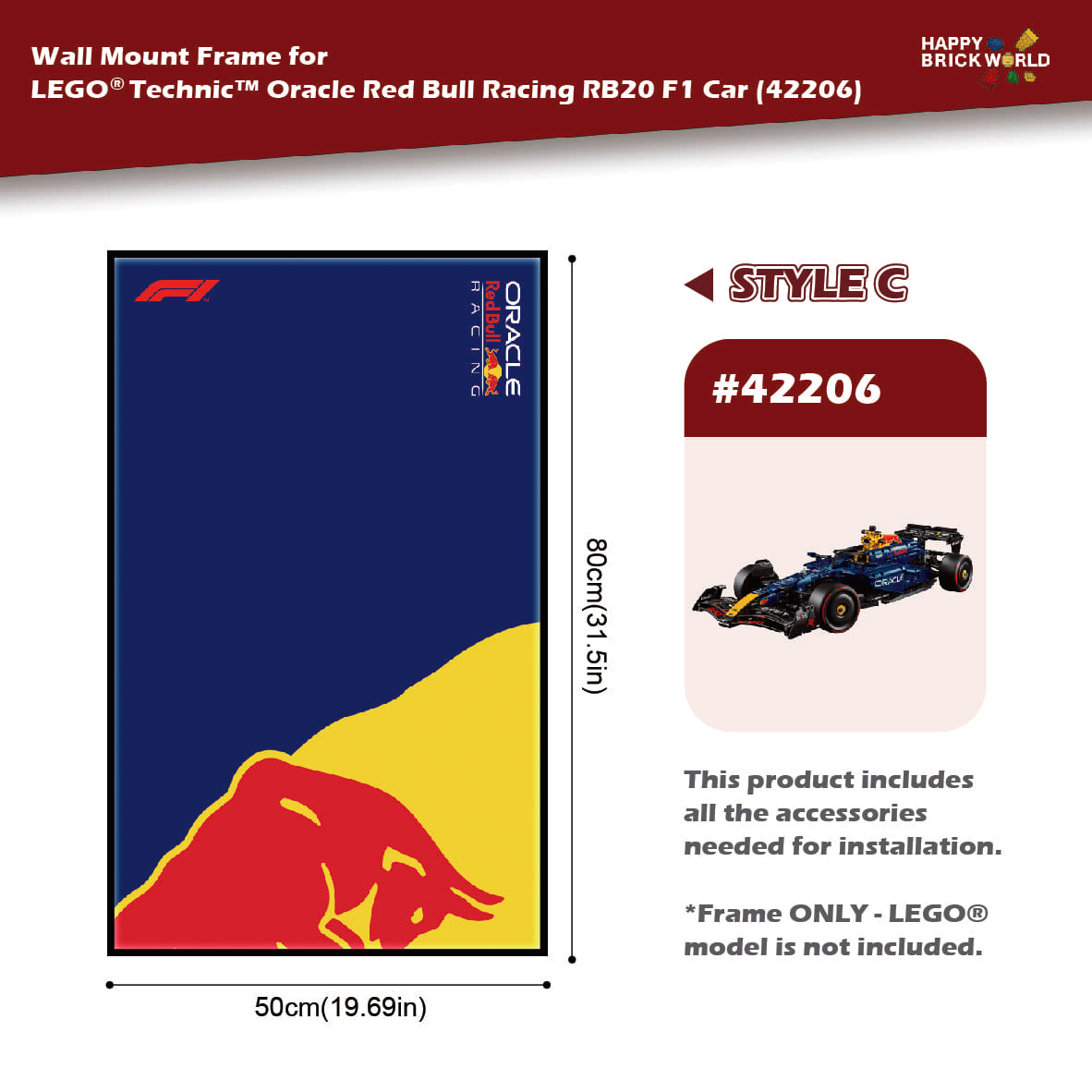 Wall mount frame for LEGO Technic Oracle Red Bull Racing RB20 F1 Car with dimensions and Happy Brickworld branding.