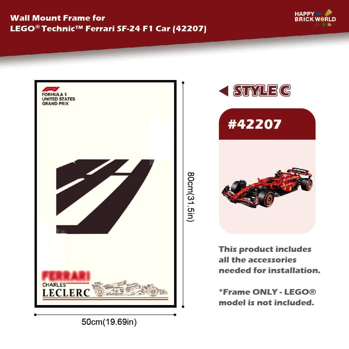 Wall mount frame for LEGO Technic Ferrari SF-24 F1 Car with dimensions and product details.