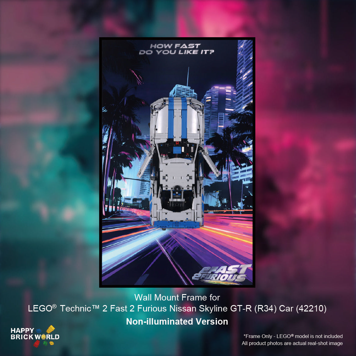 Technic wall mount frame with a Nissan Skyline GT-R model against a cityscape background.