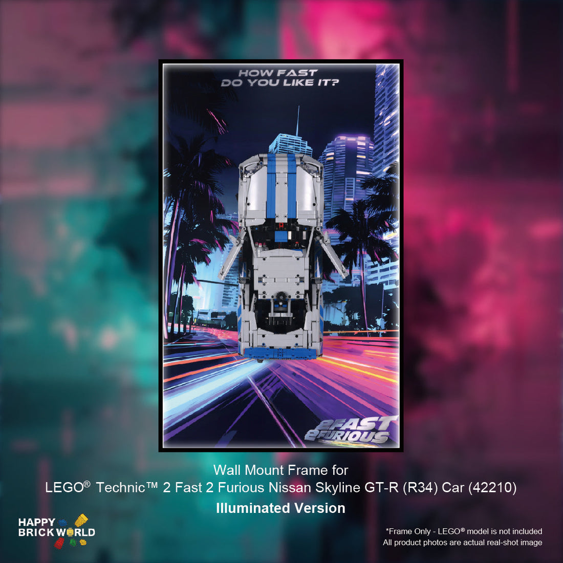 Wall mount frame for Technic 2 Fast 2 Furious Nissan Skyline GT-R Car with colorful background
