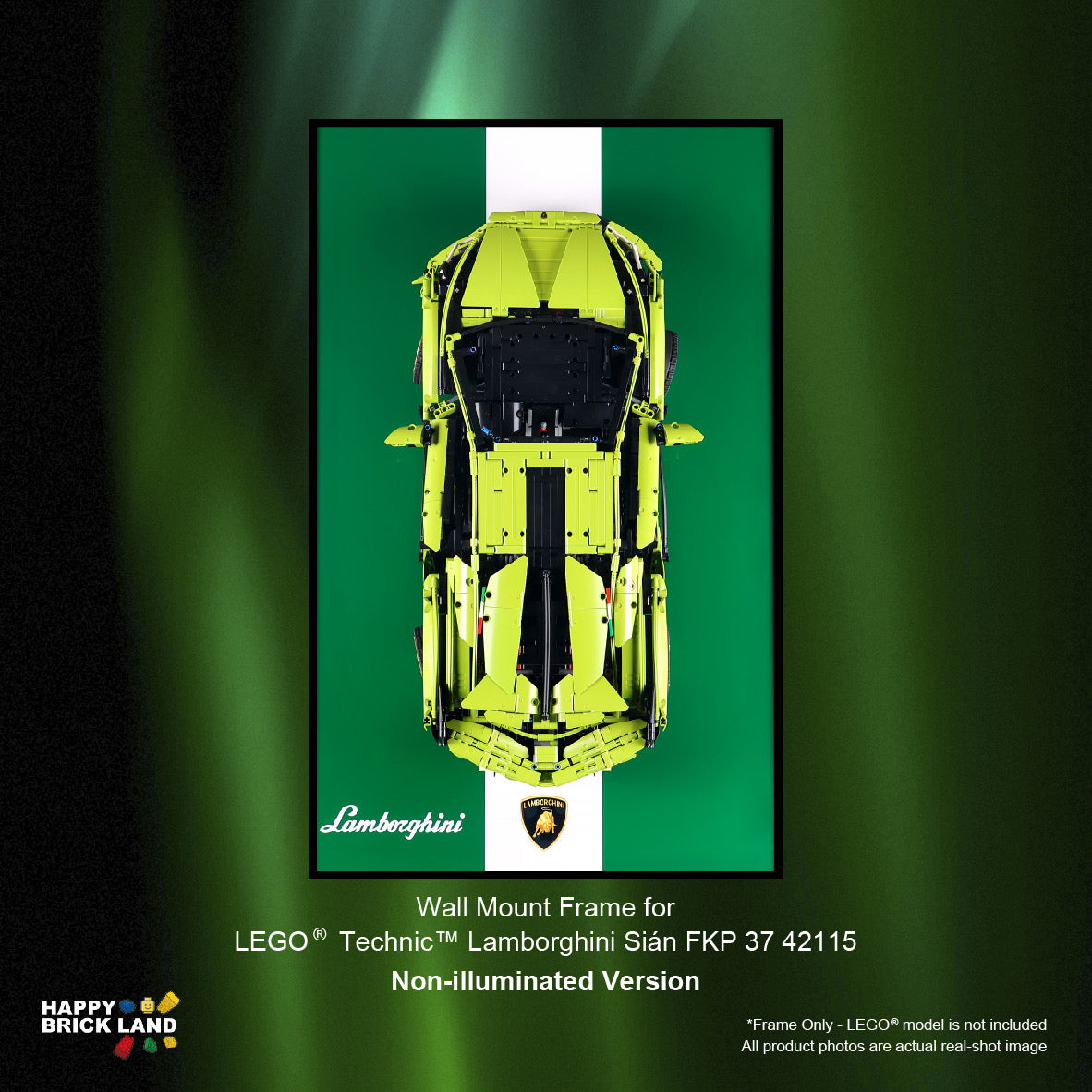 Wall mount frame for LEGO Technic Lamborghini Sián FKP 37 42115 on a green background