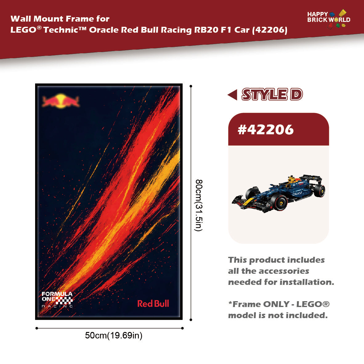 Wall mount frame for LEGO Technic Oracle Red Bull Racing RB20 F1 Car with dimensions and product details.