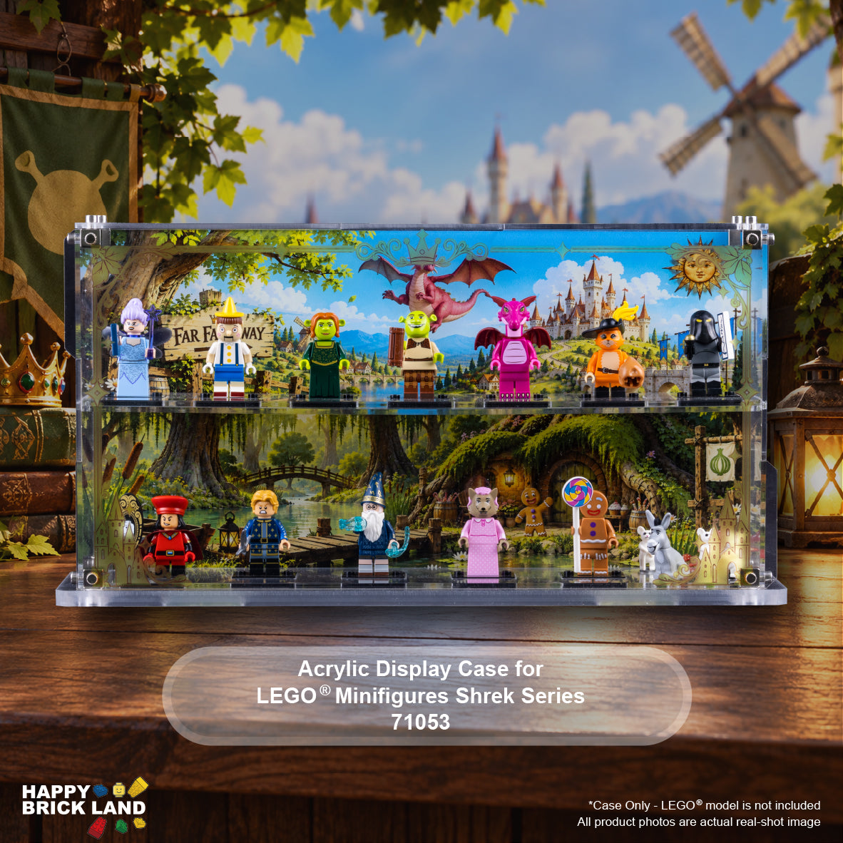 A two-tier clear acrylic display case for LEGO minifigures, shown holding multiple colorful LEGO Shrek character figures against a printed fantasy forest backdrop. The case sits on a wooden surface with a themed LEGO Brick Land set background.