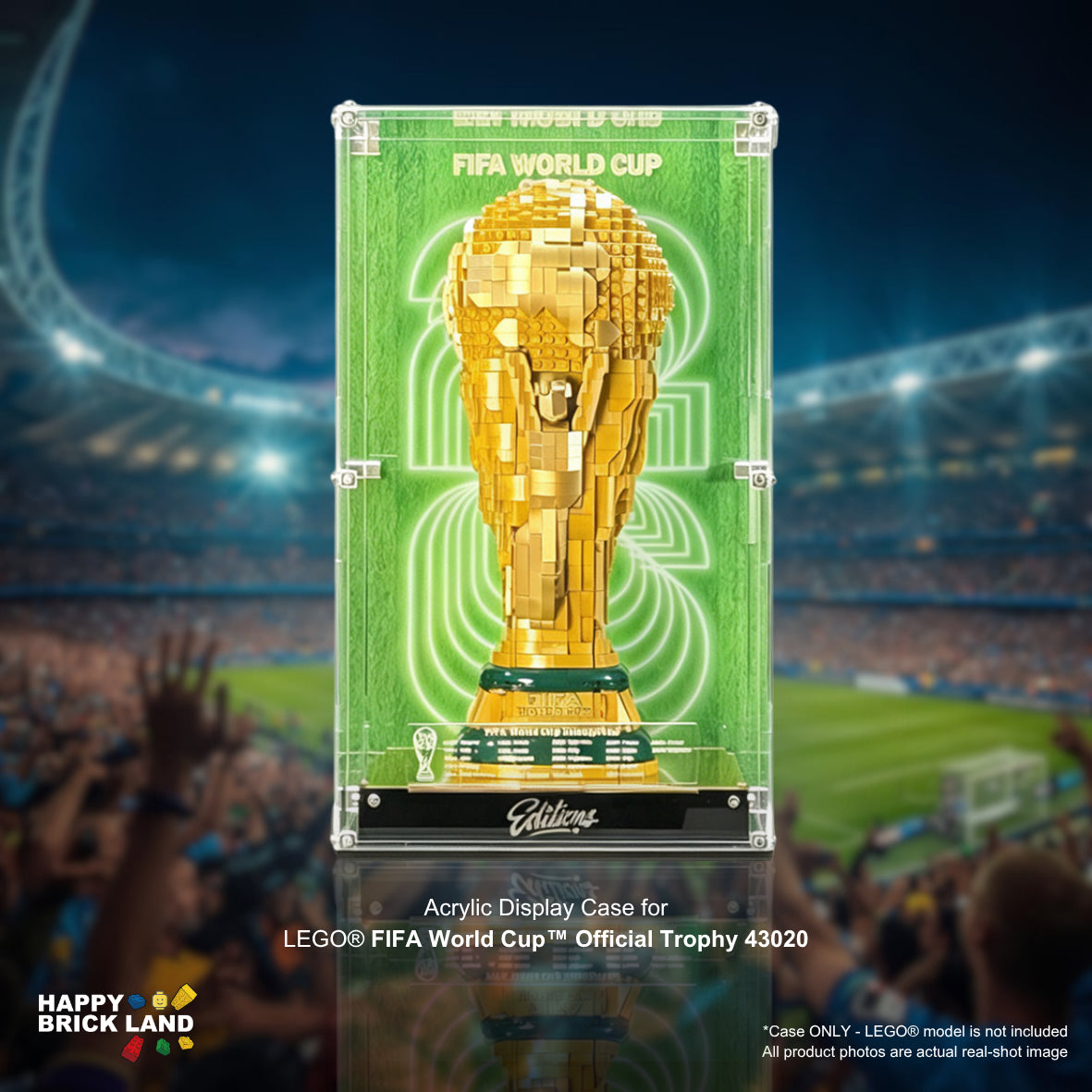 Acrylic display case for FIFA World Cup Official Trophy 43020 against a stadium background