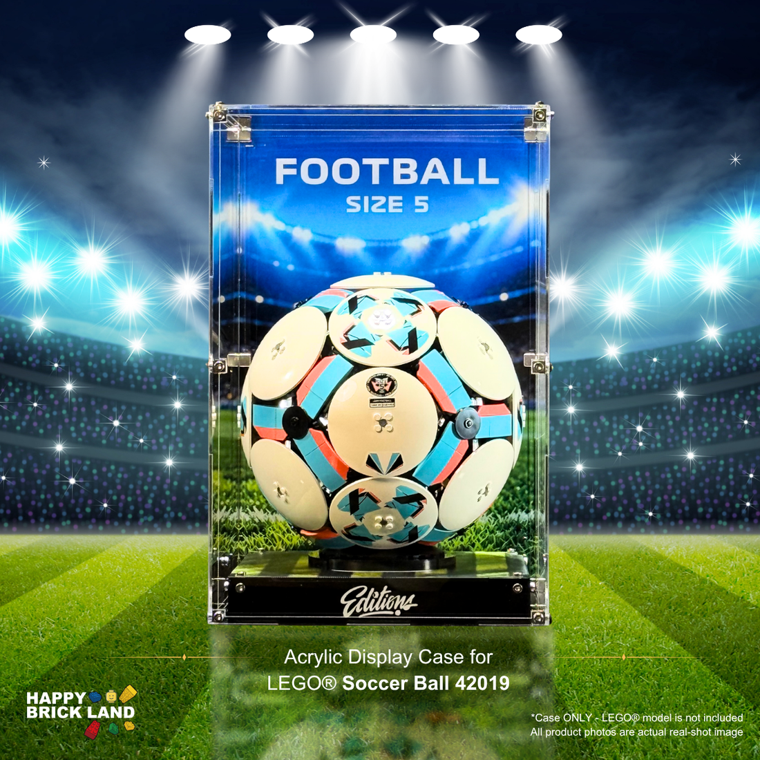 Acrylic display case for LEGO Soccer Ball 42019 on a stadium background