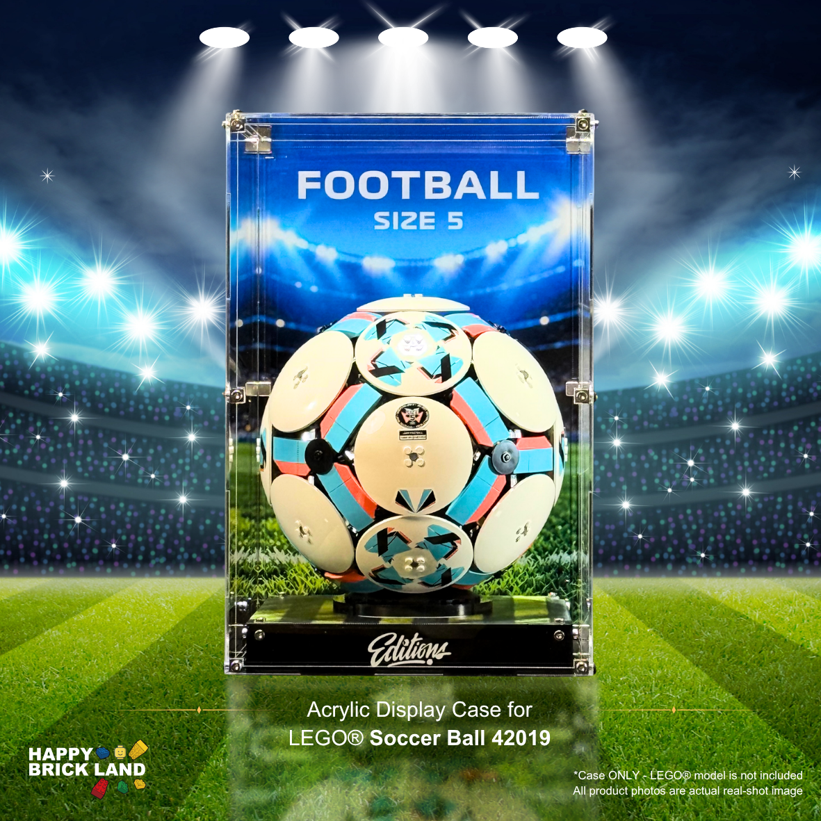 Acrylic display case for LEGO Soccer Ball 42019 on a stadium background