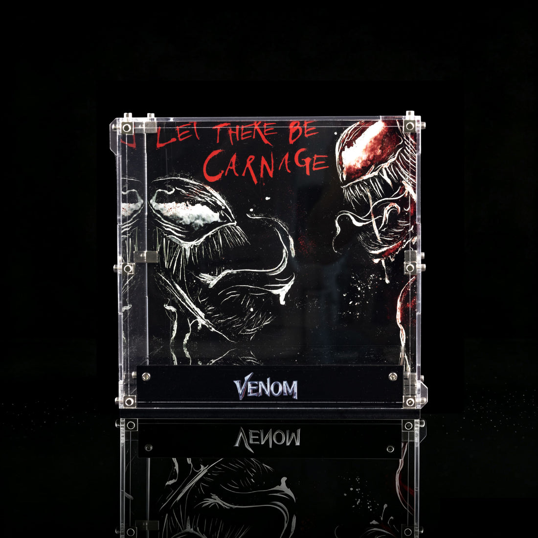 Acrylic display case for a LEGO Marvel Venom bust, featuring a printed Venom-themed graphic insert with red text and artwork, shown against a dark comic-style background. Product text at the bottom reads 'Acrylic Display Case for LEGO Marvel Venom Bust (76356)'.