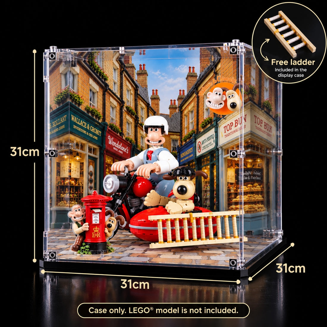 LEGO Ideas Wallace & Gromit acrylic display case set 21137, featuring a detailed retro street scene with Wallace on a red scooter, a red post box, and a small wooden ladder, shown on a wooden table with a circular inset showing the included ladder.