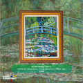 LEGO Art 31220 Claude Monet - Bridge over a Pond of Water Lilies acrylic display case in a gold frame, shown against a blurred Monet background with a green text banner at the bottom.