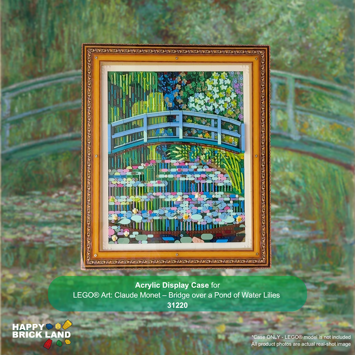 LEGO Art 31220 Claude Monet - Bridge over a Pond of Water Lilies acrylic display case in a gold frame, shown against a blurred Monet background with a green text banner at the bottom.
