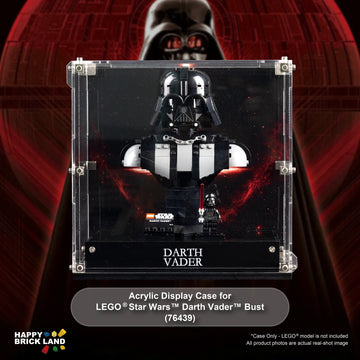 Clear acrylic display case with corner brackets and a black front plaque reading 'DARTH VADER,' shown holding a Darth Vader bust. The case is centered over a red Star Wars-themed backdrop, with a Happy Brick Land logo and product text below.