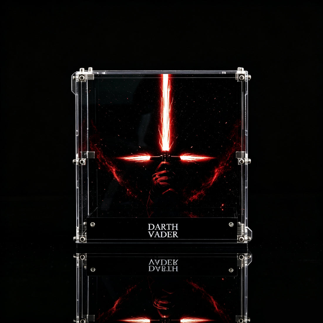 Clear acrylic display case with corner brackets and a black front plaque reading 'DARTH VADER,' shown holding a Darth Vader bust. The case is centered over a red Star Wars-themed backdrop, with a Happy Brick Land logo and product text below.