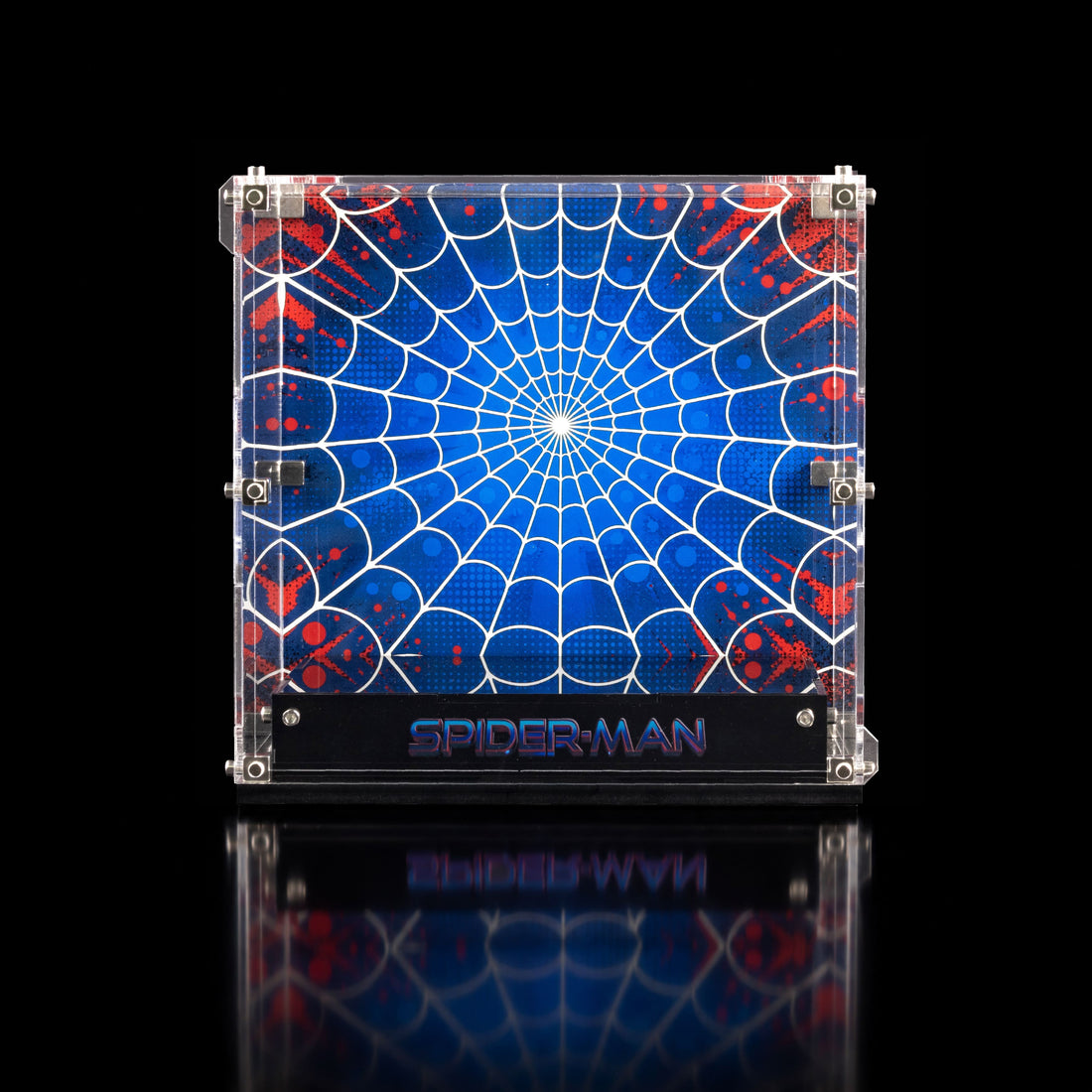 A clear acrylic display case featuring a Spider-Man bust design with a blue spiderweb pattern background and a red-and-blue Spider-Man figure mounted inside. The case is shown against a blurred cityscape and large Spider-Man artwork backdrop, with text identifying the product as an acrylic display case for LEGO Marvel Iron Spider-Man Bust (76326).