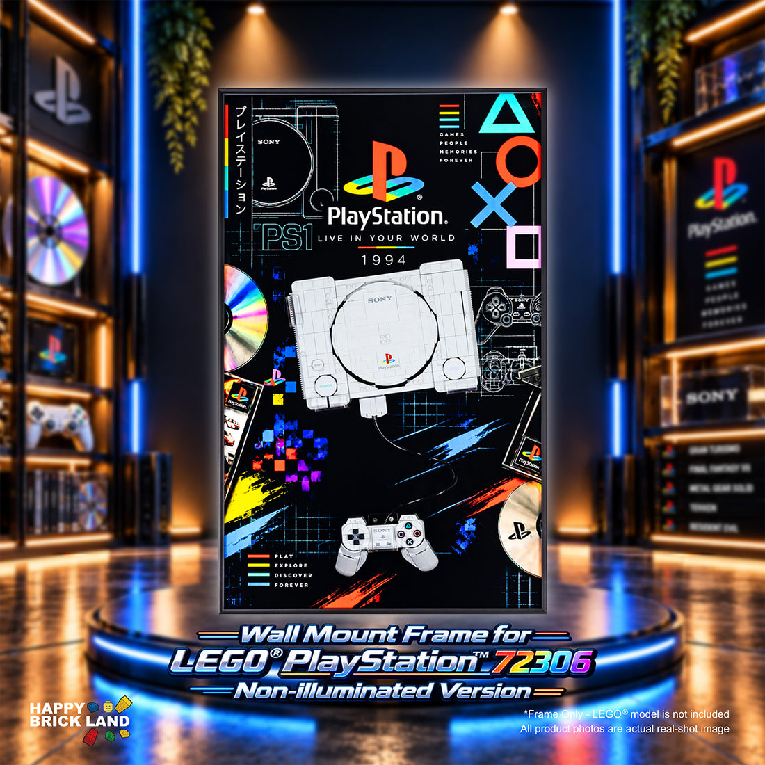 A wall mount frame displaying retro PlayStation and LEGO PlayStation 2/3/4 artwork, shown in a highly detailed, neon-lit gaming-themed room with shelves and blue lighting.