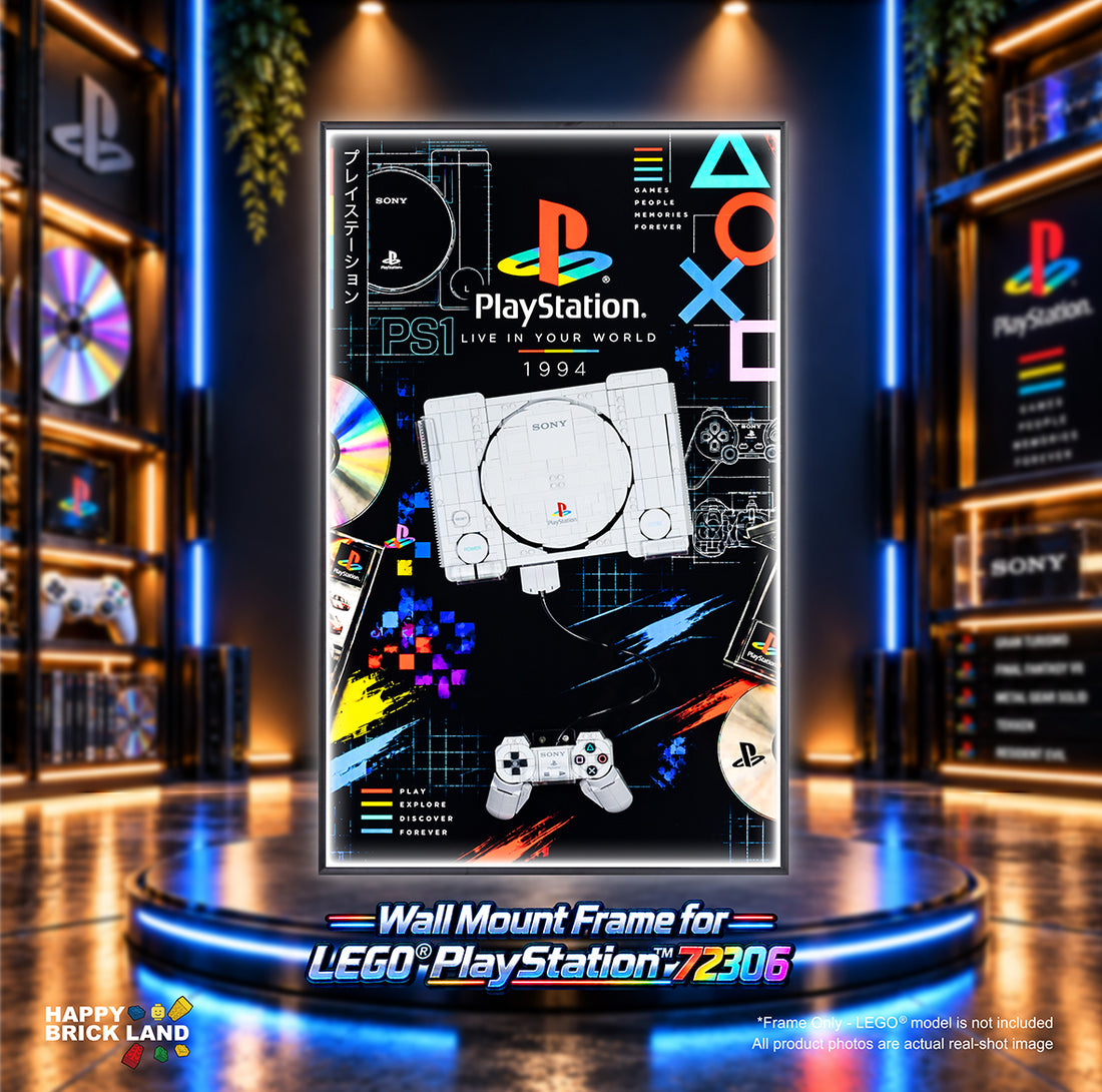 A wall mount frame displaying retro PlayStation and LEGO PlayStation 2/3/4 artwork, shown in a highly detailed, neon-lit gaming-themed room with shelves and blue lighting.